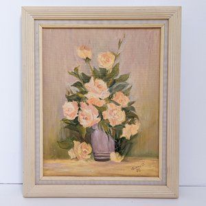 Vintage Lavender Peach and Green Framed Floral Painting